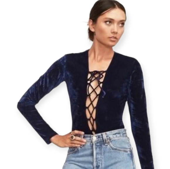 Reformation  Avalon Blue Velvet Lace Up Front Bodysuit Plunging V-Neck XS - Picture 2 of 16